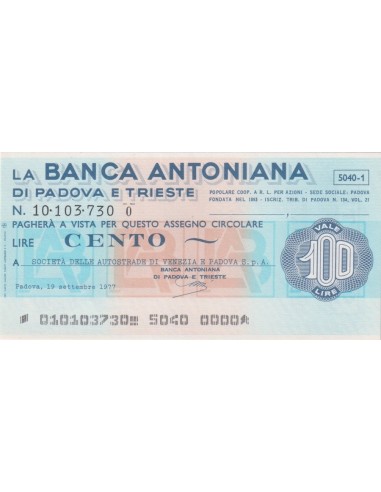 100 lire  Società delle Autostrade di Venezia e Padova S.p.A. - 19.09.1977 - (BAPT17) FDS