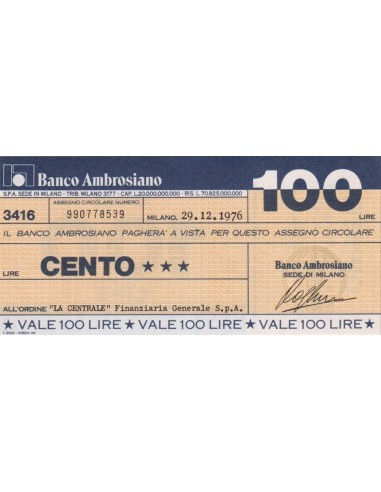 100 lire "La Centrale" Finanziaria Generale S.p.A. - 29.12.1976 - (BAMB2) FDS