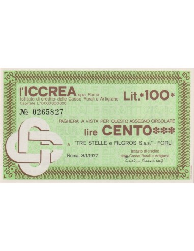 100 lire "TRE STELLE e FILGROS S.a.s." - FORLI - 03.01.1977 - (ICCREA11) FDS