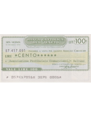 100 lire Associazione Provinciale Commercianti - Belluno - 20.11.1976 - (BCV70) FDS
