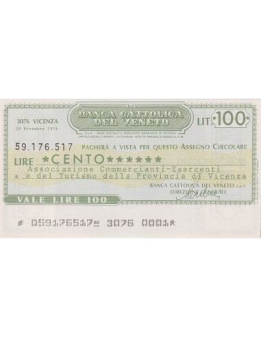 100 lire Ass. Comm.-Esercenti e Turismo Prov. Vicenza - 20.11.1976 - (BCV74) FDS
