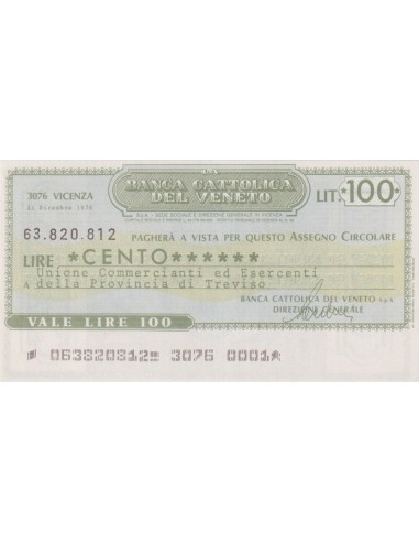 100 lire Unione Comm. ed Esercenti Prov. Treviso - 21.12.1976 - (BCV84) FDS