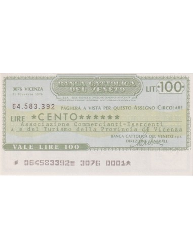 100 lire Ass. Comm.-Esercenti e Turismo Prov. di Vicenza - 21.12.1976 - (BCV86) FDS