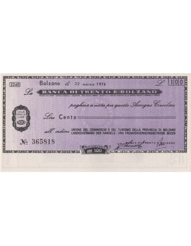 100 lire Unione del Commercio e Turismo Prov. di Bolzano - 22.03.1976 - (BTB2) FDS