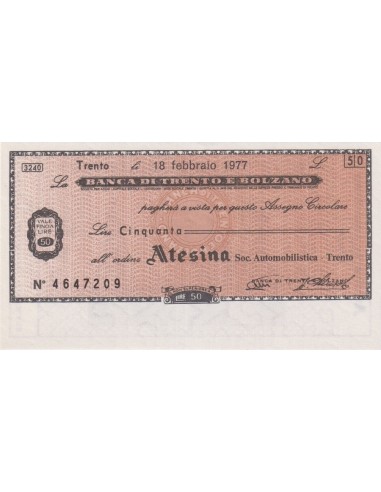 50 lire ATESINA Soc. Automobilistica - Trento - 18.02.1977 - (BTB19) FDS