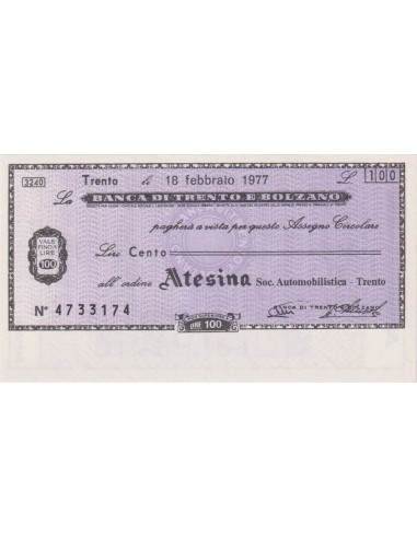 100 lire ATESINA Soc. Automobilistica - Trento - 18.02.1977 - (BTB35) FDS