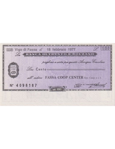100 lire Fassa Coop Center - 18.02.1977 - (BTB37) FDS