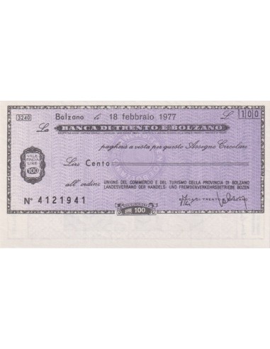 100 lire Unione Commercio e Turismo Prov. di Bolzano - 18.02.1977 - (BTB38) FDS