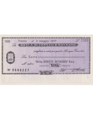100 lire “Ditta Oreste Detassis” S.a.s. - 03.05.1977 - (BTB40) FDS