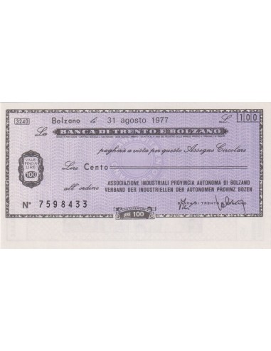 100 lire Ass. Industriali Prov. Autonoma di Bolzano - 31.08.1977 - (BTB45) FDS