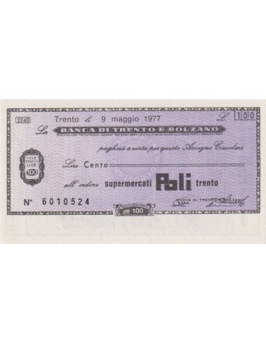 100 lire Supermercati Poli Trento - 09.05.1977 - (BTB42) FDS