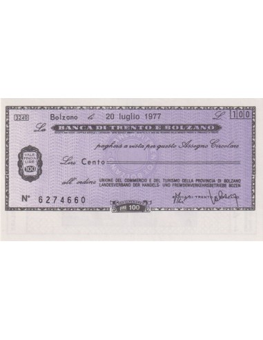 100 lire Unione Commercio e Turismo Prov. di Bolzano - 20.07.1977 - (BTB44) FDS
