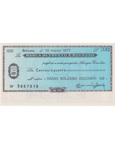 150 lire  “ Radio Bolzano Dolomiti 102 “ - 10.03.1977 - (BTB54) FDS