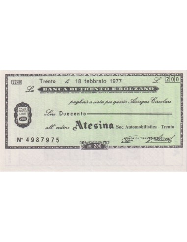 200 lire ATESINA Soc. Automobilistica - Trento - 18.02.1977 - (BTB66) FDS