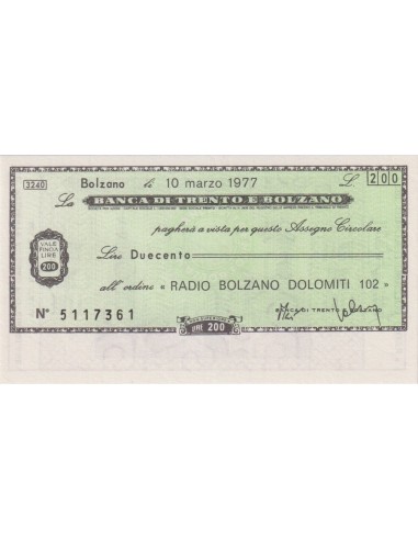 200 lire “ Radio Bolzano Dolomiti 102 “ - 10.03.1977 - (BTB67) FDS