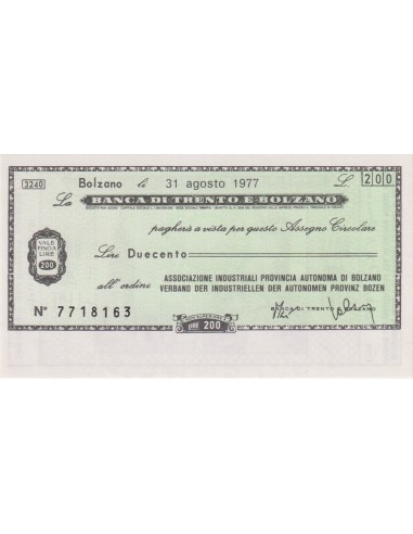 200 lire Ass. Industriali Prov. Autonoma di Bolzano - 31.08.1977 - (BTB69) FDS