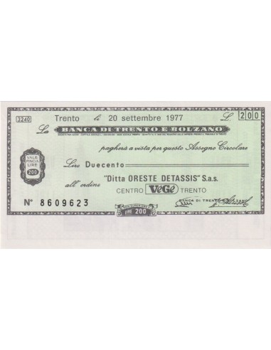 200 lire “Ditta Oreste Detassis” S.a.s. - 20.09.1977 - (BTB72) FDS