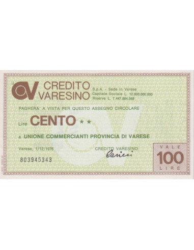 100 lire Unione Commercianti Provincia di Varese - 01.12.1976 - (CRVA3) FDS