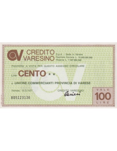 100 lire Unione Commercianti Provincia di Varese - 15.02.1977 - (CRVA5) FDS