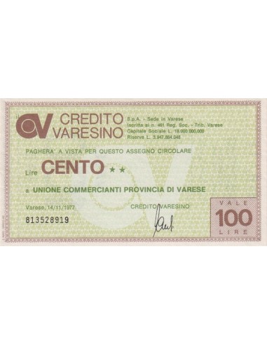 100 lire Unione Commercianti Provincia di Varese - 14.11.1977 - (CRVA15) FDS