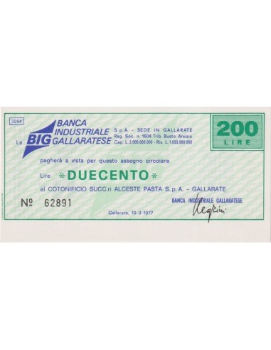 200 lire Cotonificio Succ.ri Alceste Pasta S.p.A. - Gallarate - 10.03.1977 - (BIG10) FDS