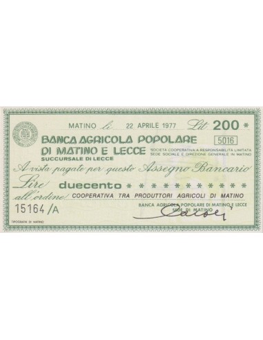 200 lire Coop. tra Produttori Agricoli di Matino - 22.04.77 - (BPML3) FDS