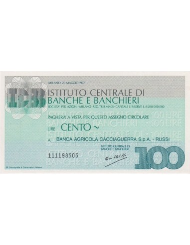 100 lire Banca Agricola Cacciaguerra S.p.A. - Russi - 20.05.1977 - (ICBB44) FDS