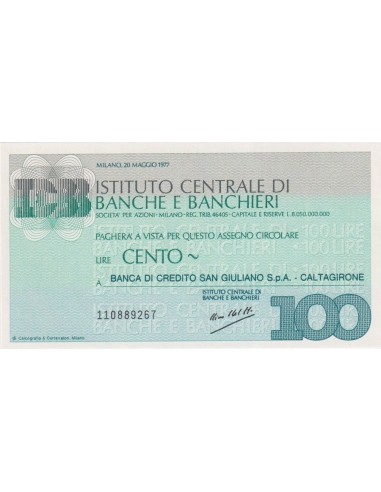 100 lire Banca di Credito San Giuliano S.p.A. - Caltagirone - 20.05.1977 - (ICBB45) FDS
