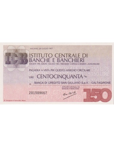 150 lire Banca di Credito San Giuliano S.p.A. - Caltagirone - 20.07.1977 - (ICBB75) FDS
